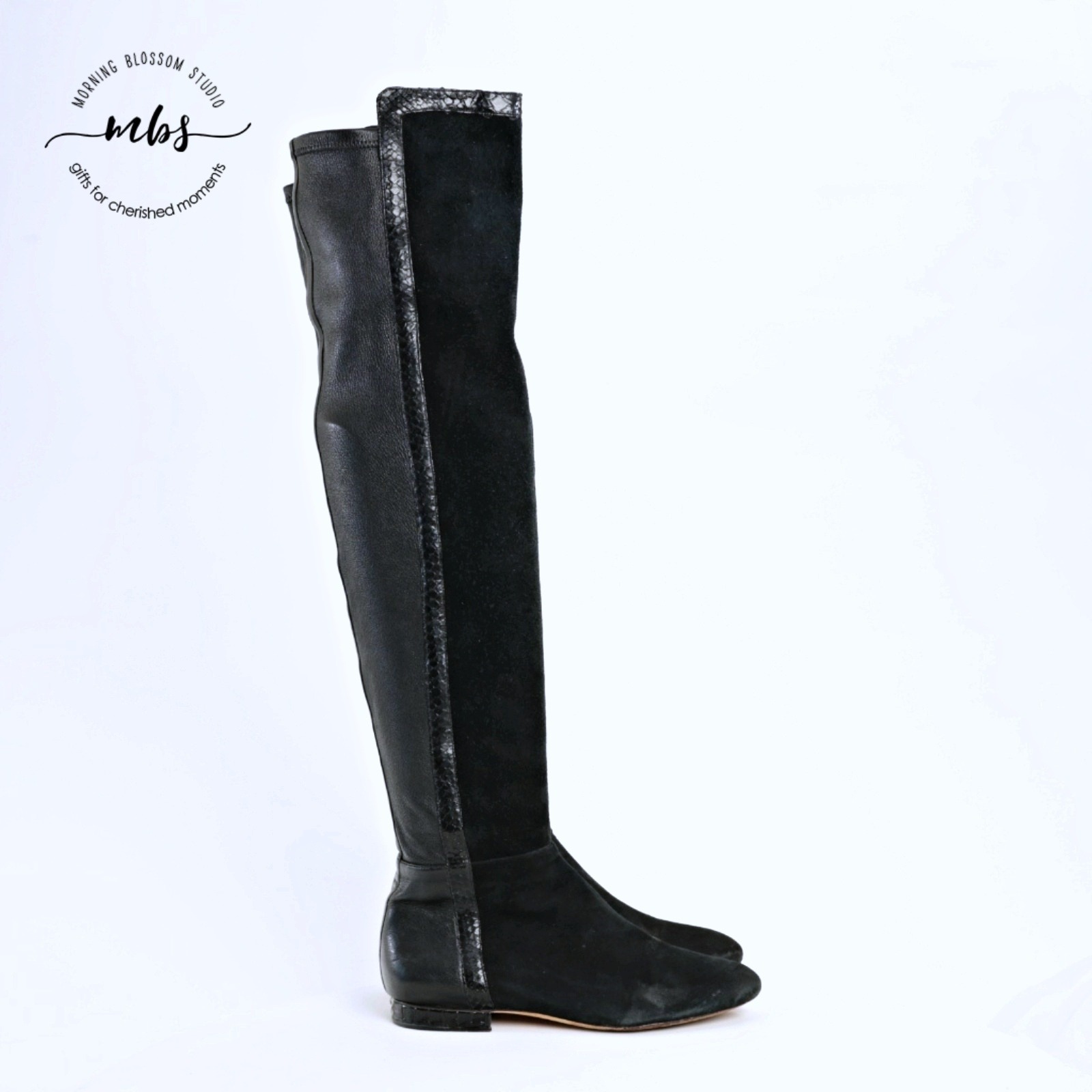 Alexandre Birman Over The Knee Pointed Toe Suede Leather Boots Black Women Eu 37